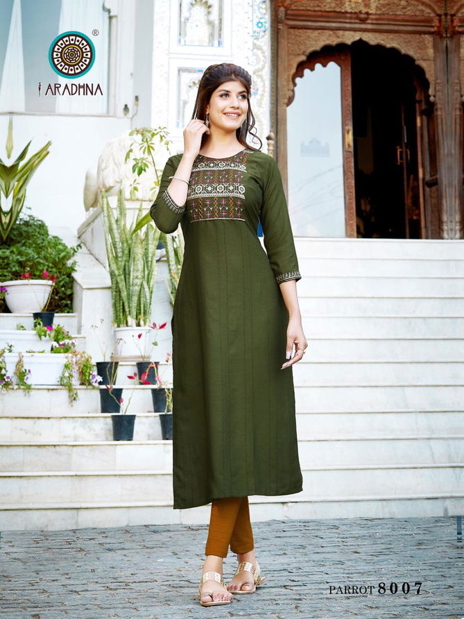 Aradhna Parrot 8 Designer Party Wear Heavy rayon Embroidery Kurti Collection